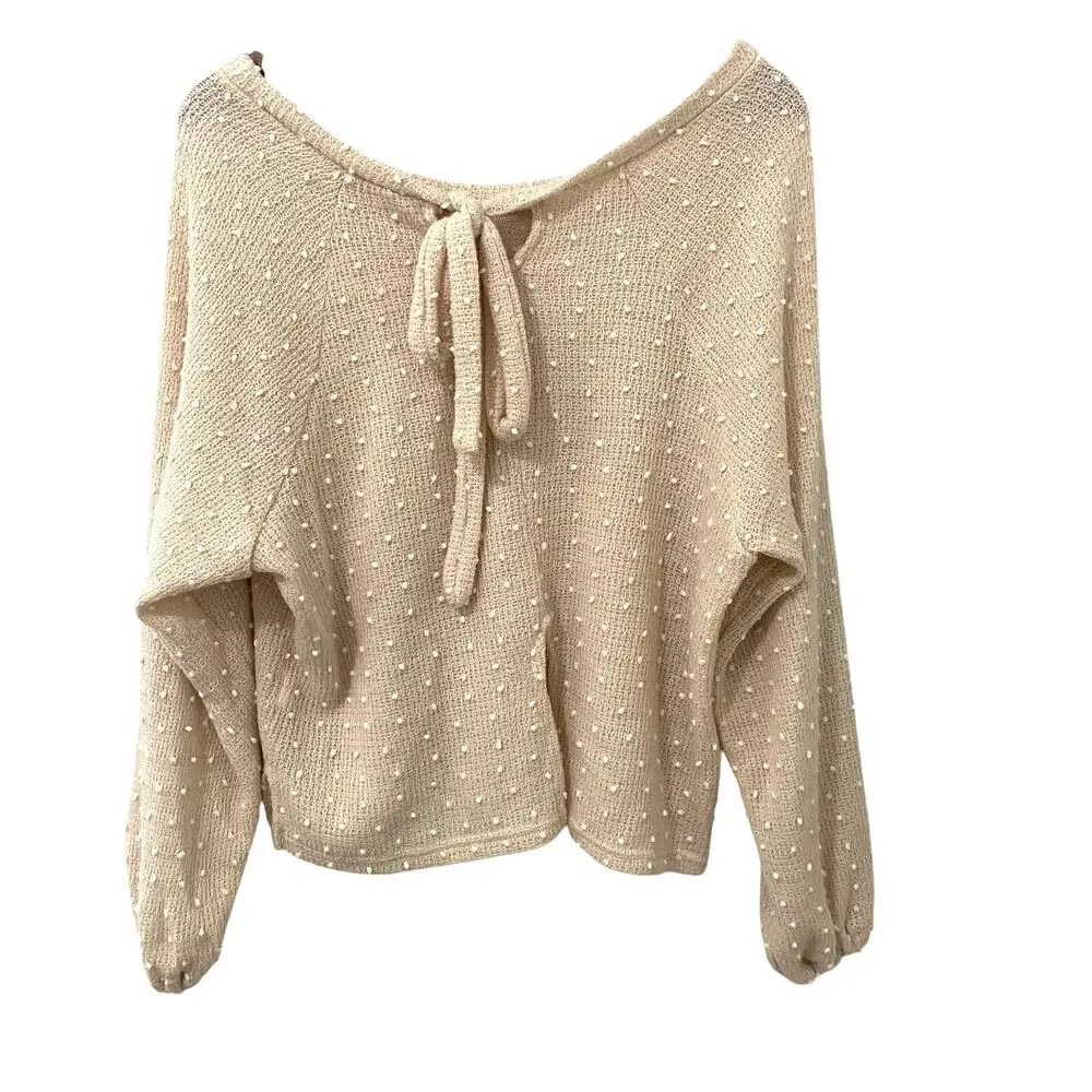 Blu Pepper Swiss Dot Sweater Back Tie Slit Oversized Boho Tan Size S - Picture 2 of 9